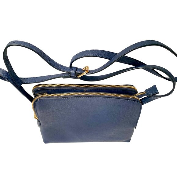 Navy Blue Pleather Crossbody Purse Multi Section Adj Strap Gold Tone Zippers - Picture 3 of 14